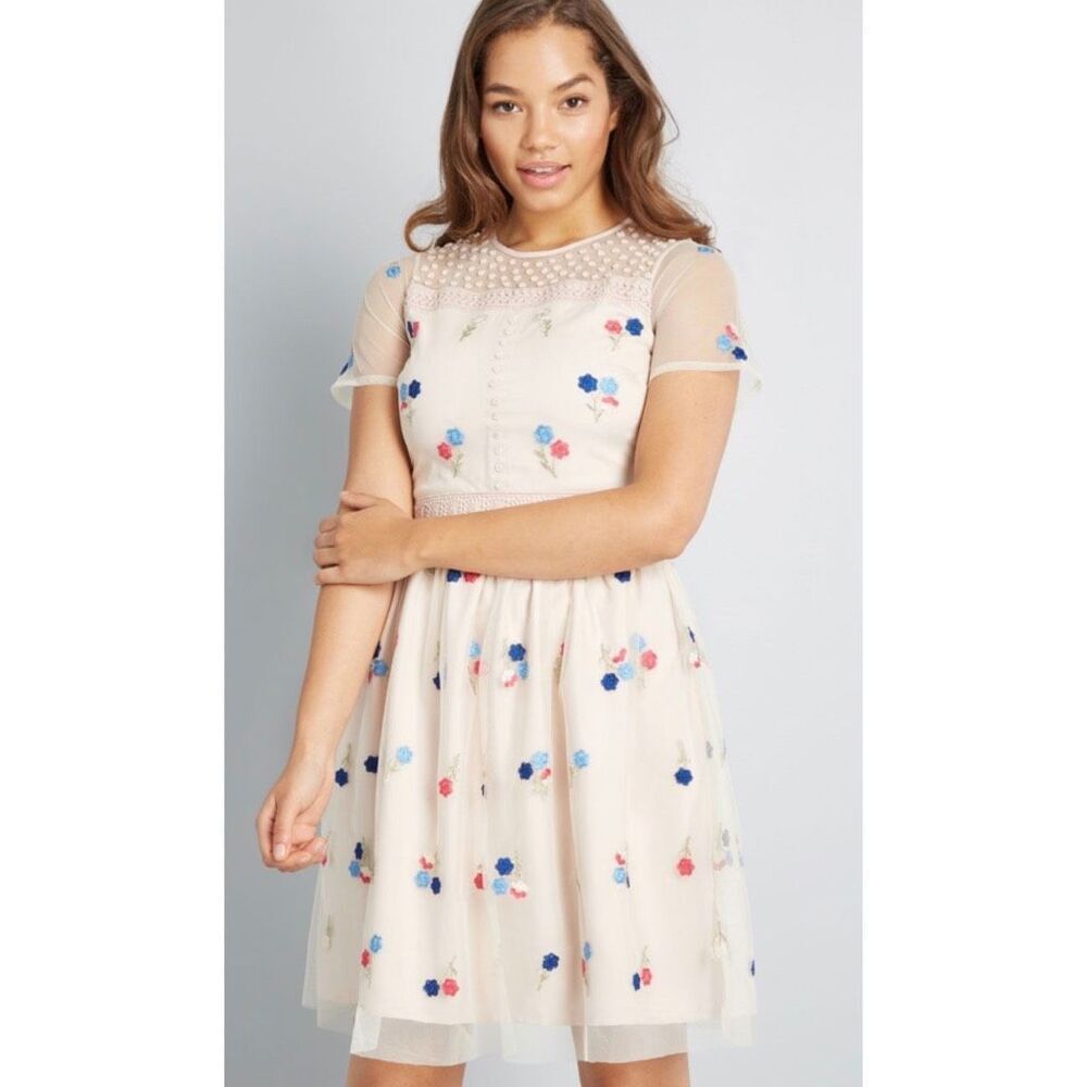 ModCloth Coquette Dreamy Details Floral Embroidered Mesh Fairy Dress Small Blush